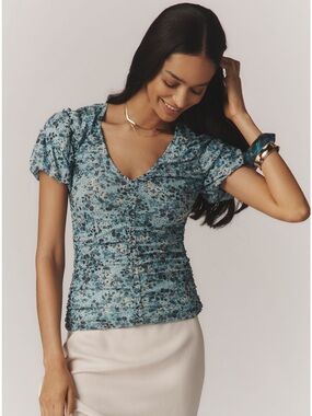 Anthropologie Short Sleeve Shirred Mesh Top | Size Medium